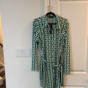 Fashion Nova Green and White Long Sleeve Dress